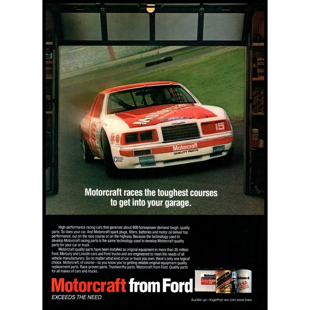 1986 Motorcraft Auto Parts NASCAR Thunderbird Race Car Vintage Print Ad Wall Art